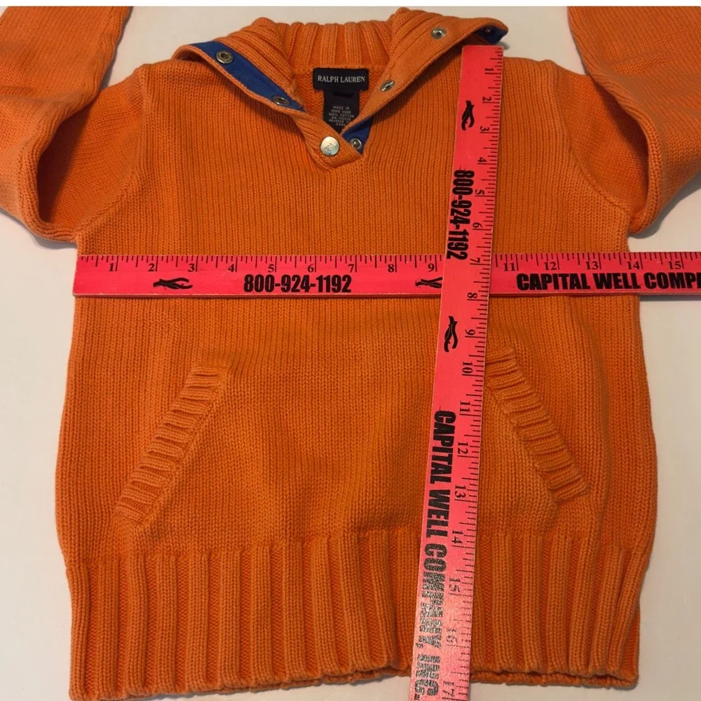 Ralph Lauren Sweater Orange Snap Neck Knit Pony Logo M Youth Preppy Cotton